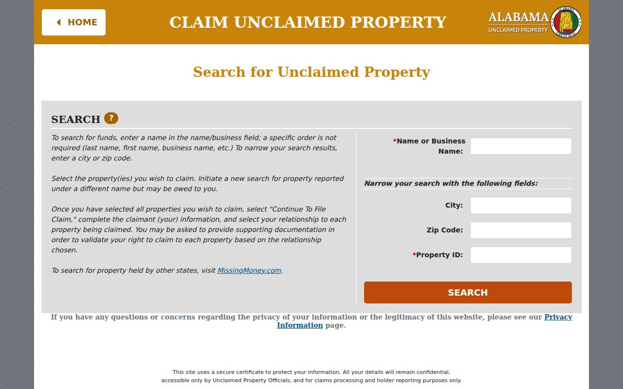 Alabama unclaimed property claim search form